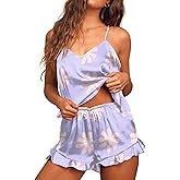 Ekouaer Satin Pajama Set for Women 2 Piece Camisole Top and Shorts Silk Lingerie with Ruffle Floral Nightwear