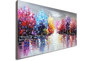 SEEKLAND ART Hand Painted Lake Landscape Canvas Wall Art with Colorful Tree Thick Texture Oil Painting Abstract Artwork (48 x 24 inch)