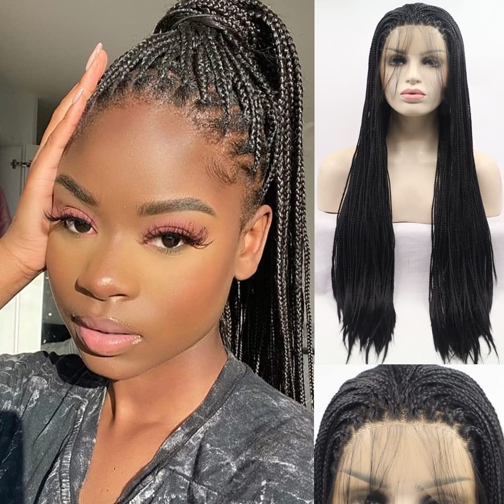 xiweiya 28 inch Lace Front Knotless Box Braided Wigs Brack Hand-Braided Box Braided Wigs with Baby Hair Cornrow Braids Lace Frontal Twist Braids Hair Wig for Black Women