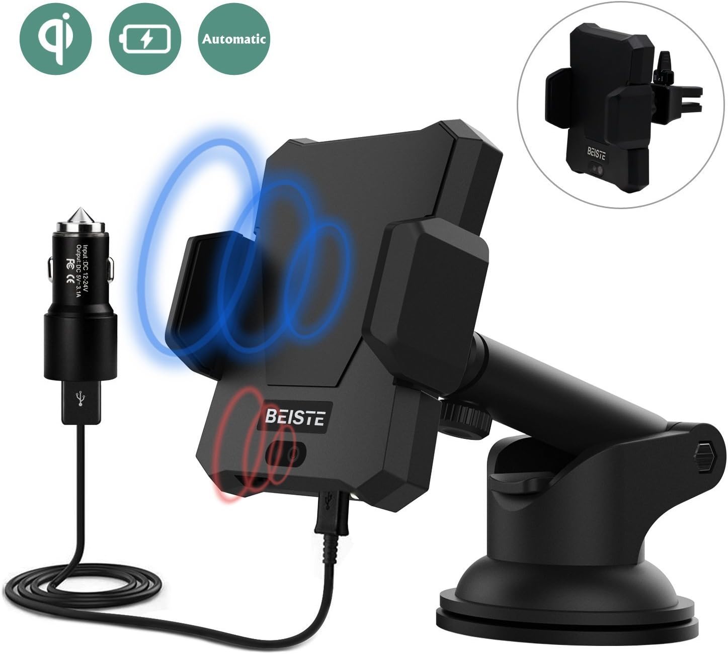 BEISTE Automatic Wireless Car Phone Holder, Auto Induction Car Phone Mount Qi Fast Charger Air Vent Car Phone Cradle for iPhone XR/XS MAX/ 8/8 Plus 7/6 Samsung Galaxy Note 8/ S9/ S8+/ S7/ S6 Edge