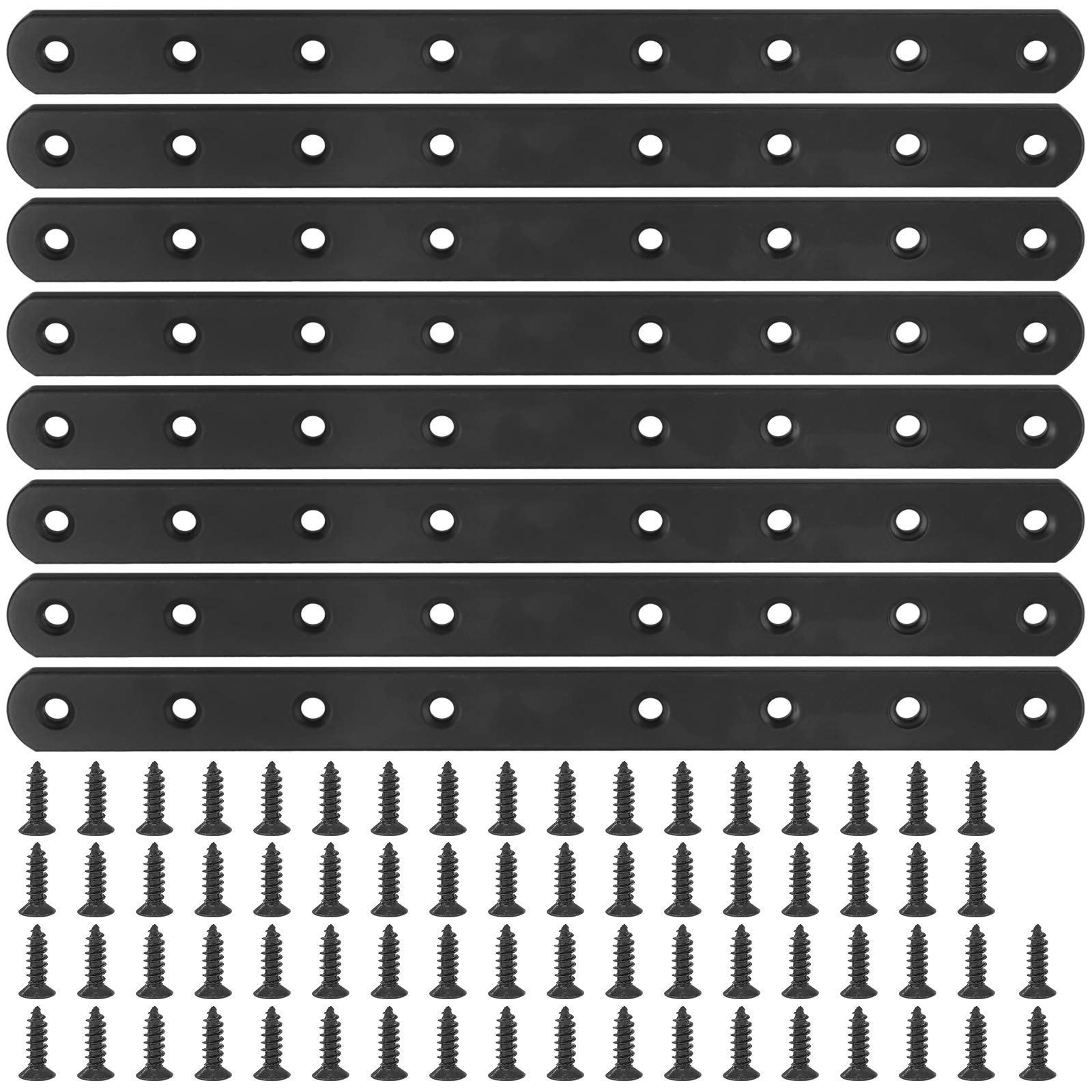 Glarks 8 Sets 250mm Flat Straight Corner Brace Black Metal Joint Plate Connector Repair Fixing Bracket with 70Pcs Screws for Wood Furniture (250x20x3mm)