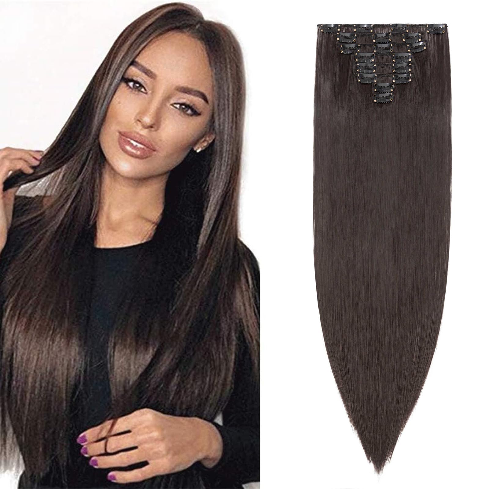 26" Long Straight Clip in Hair Extensions Full Head 8Pcs 18Clips Ombre Colorful Synthetic Hair Clip in Hairpiece Dark Brown
