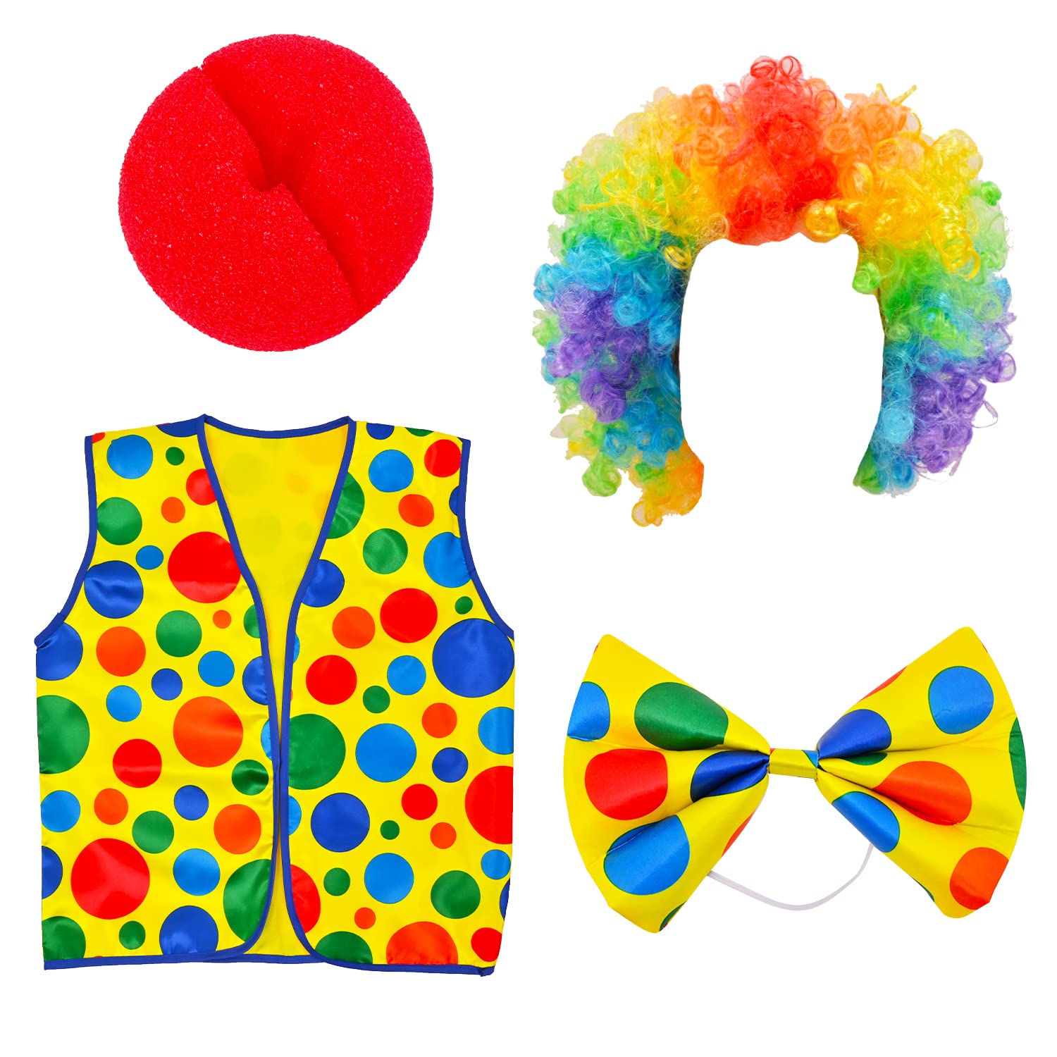 Jomnvo 4 Pieces Clown Costume Kit Clown Nose Clown Wig Clown Bow Tie Vest for Halloween Party Clown Dress Up Costume Accessories