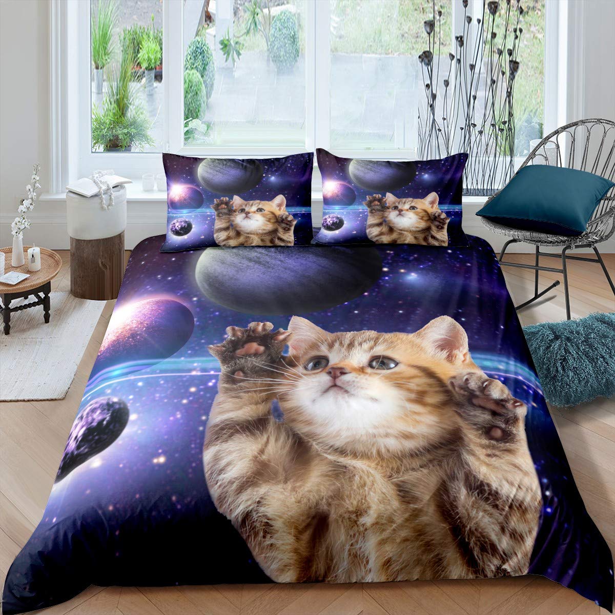 Galaxy Cat Duvet Cover Set Universe Galaxy Bedding Set for Kids Boys Girls Cute Kitten Printed Comforter Cover Outer Space Planets Quilt Cover Bedroom Collection 2Pcs Single Size — image 1