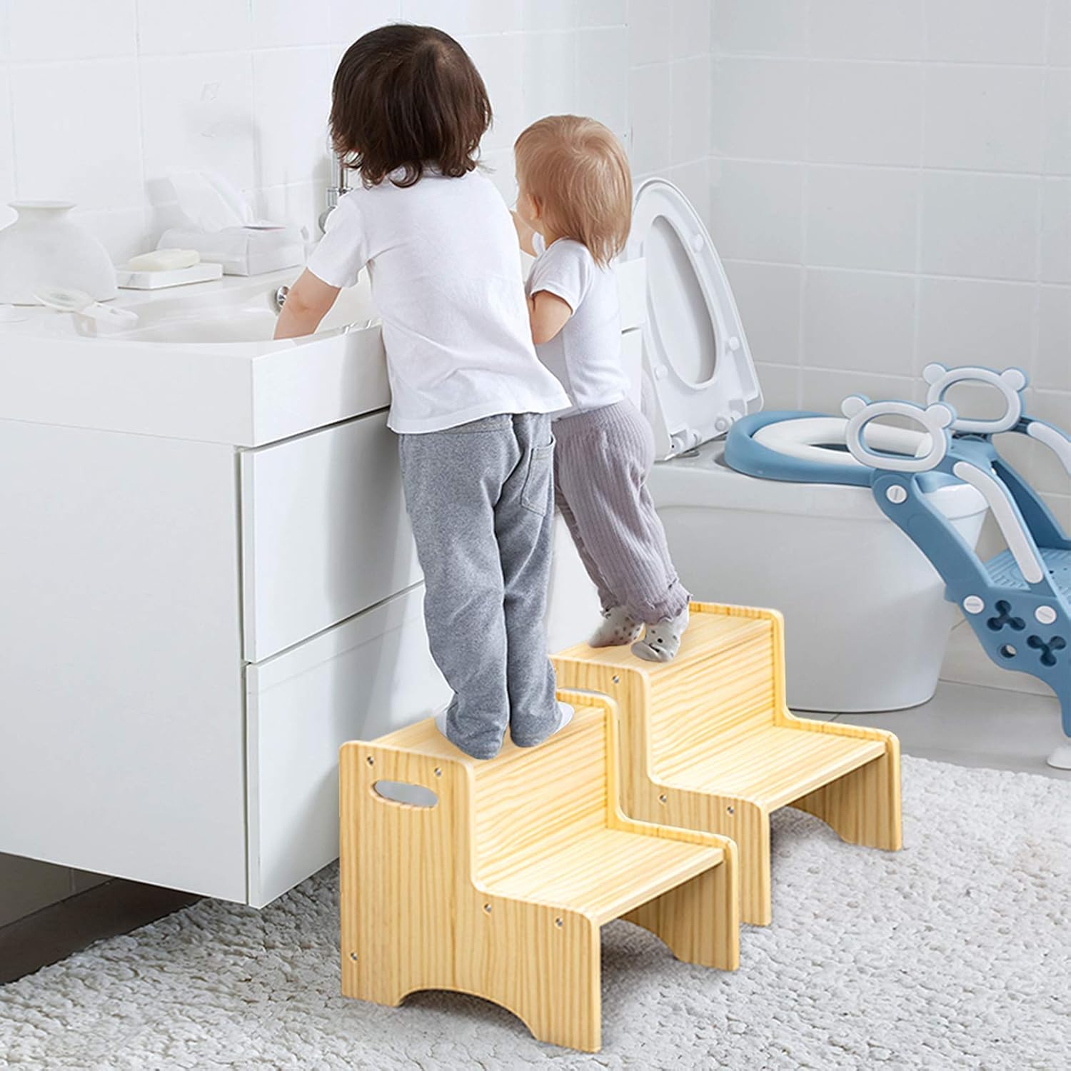 WOOD CITY Toddler Step Stool for Kids, Wooden Two Step Children's Stool with Handles, Bonus Non-Slip Pads for Safety, Bathroom Potty Stool & Kitchen Step Stools, Pine Wood: Furniture & Decor