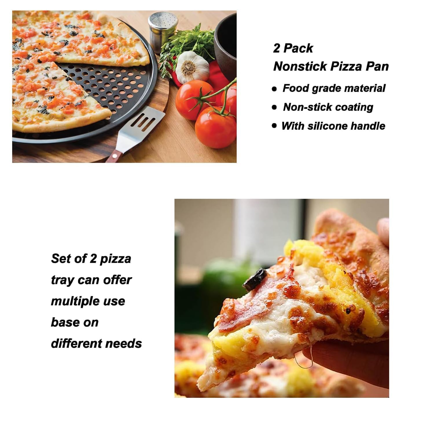 13 Inch Pizza Pan for Oven (2 Pack) Round Pizza Pan with Holes - Non-Stick Carbon Steel Pizza Tray with Silicone Handles - for Cooking, Baking, and Grilling - Dishwasher Safe