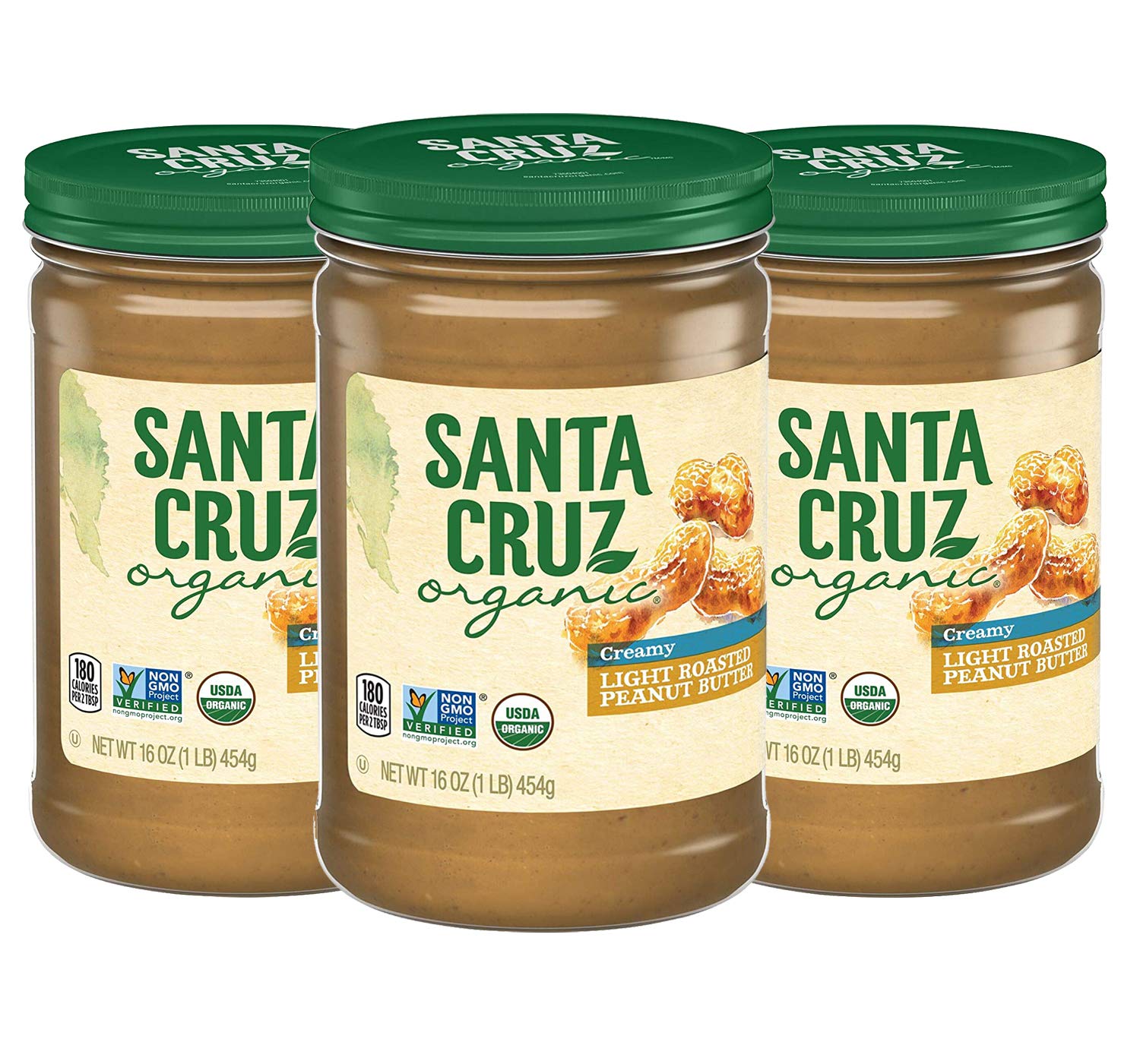 [Pack of 3] Santa Cruz Organic Peanut Butter, Light Roasted, Creamy - 16 oz Jar