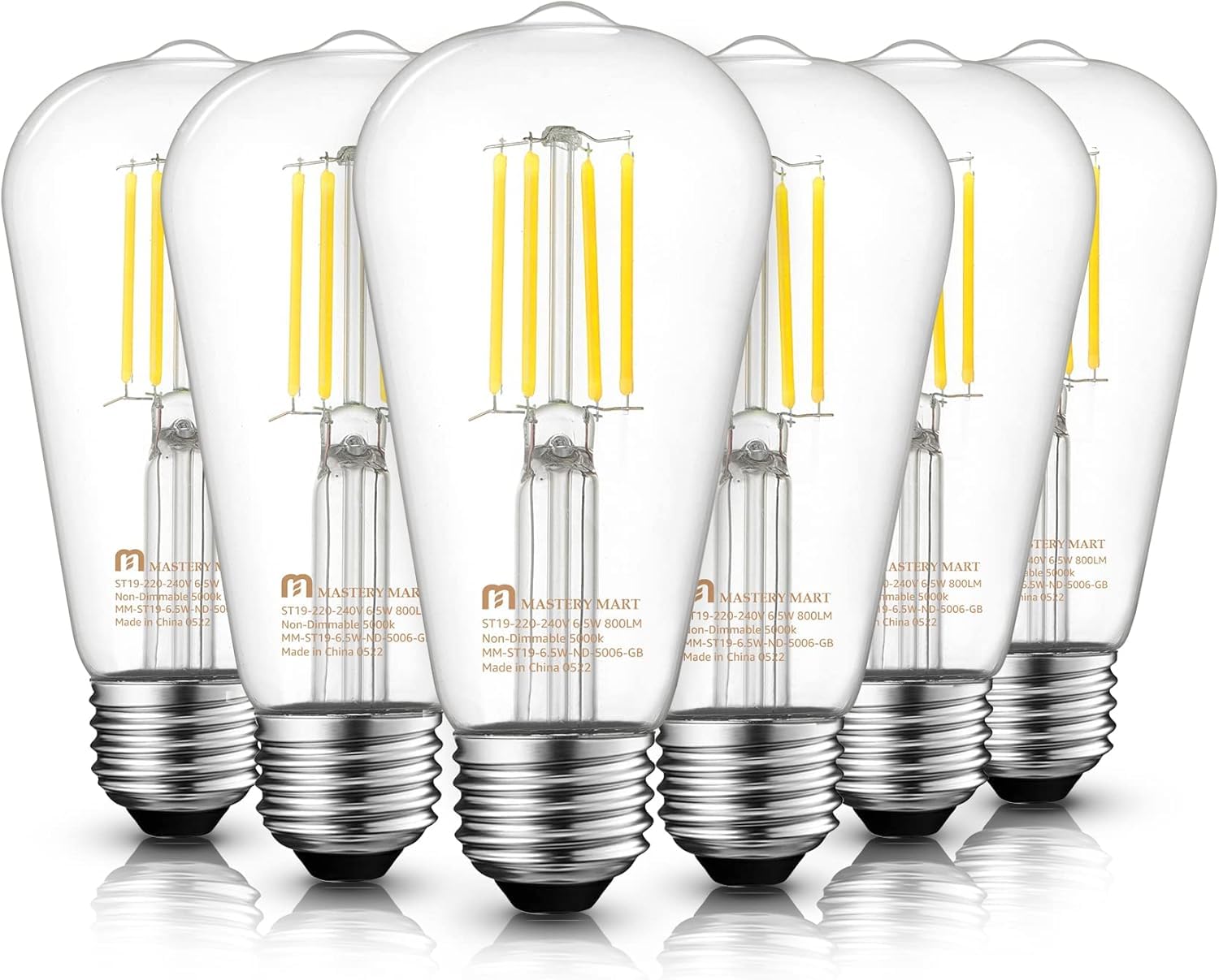 MASTERY MART E27 Vintage Light Bulbs, Non-Dimmable, 5000K Daylight White, 6.5W 60W Equivalent, Glass ST64 Filament LED Bulb, Edison Screw Cap, 15000 Hours, 800 Lumens, Pack of 6