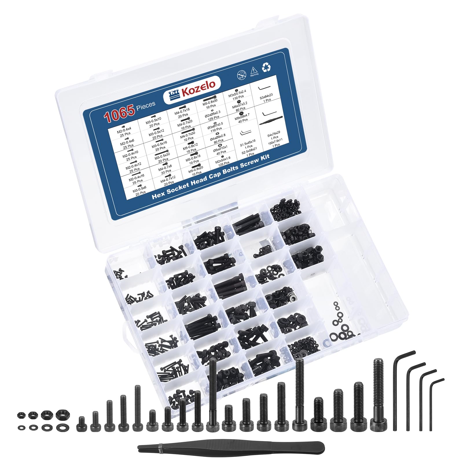 Kozelo 1065pcs Socket Head Cap Screws Bolts Nuts Assortment Kit - [M2/M3/M4/M5] Alloy Steel Black Oxide 12.9 Internal Hex Screw for 3D Printer Use, with Wrench