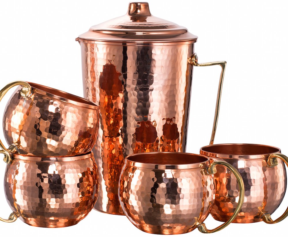 *NEW* CopperBull Heavy Gauge 100% Pure Solid Hammered Copper Moscow Mule Water Serving Set (Pitcher & 4 Mugs)