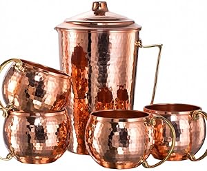 *NEW* CopperBull Heavy Gauge 100% Pure Solid Hammered Copper Moscow Mule Water Serving Set (Pitcher & 4 Mugs)