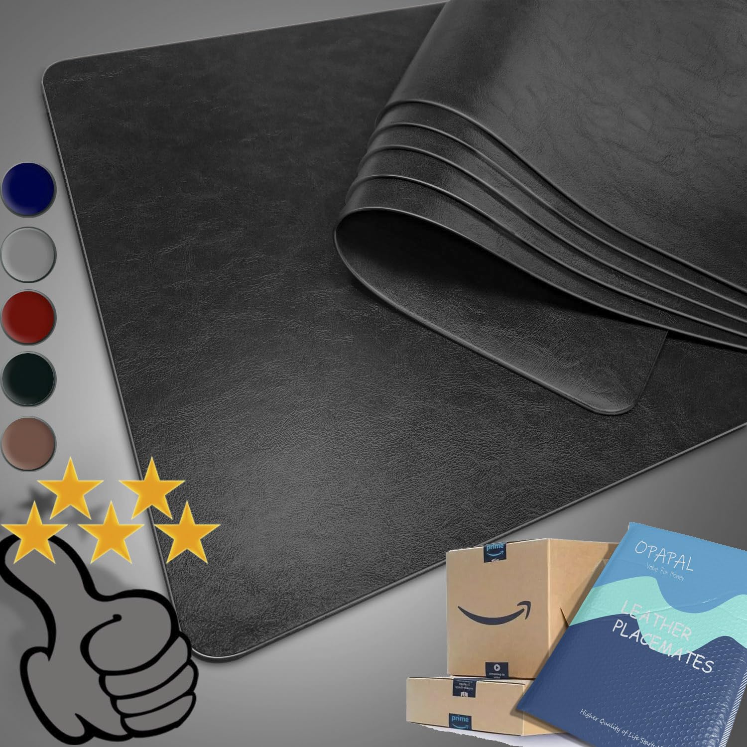 OPAPAL Placemat Set of 6, 43 x 30 Cm, Black, Double Side Leather, Heat-Resistant, Washable, Non-Slip, Indoor Outdoor Dining Table Restaurant