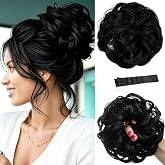 MEEZY Jet Black Large Messy Bun Piece Hair Scrunchie for Women, 1.94 Oz Thick Wavy Curly Elastic Hair Bun Ponytail Extensions Synthetic Wigs Hairpieces with Pins for Updo Wedding Cosplay Costume