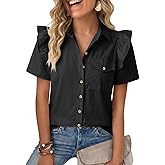 Cicy Bell Womens Ruffle Button Down Shirts Dressy Casual Short Puff Sleeve Cotton Tops Summer Loose Fit V Neck Blouses