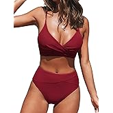 CUPSHE Women's Bikini Sets Two Piece Swimsuit High Waisted V Neck Twist Front Adjustable Spaghetti Straps Bathing Suit