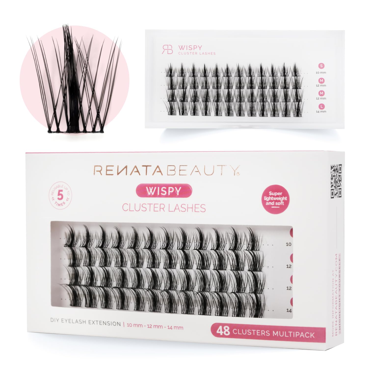 Renata Beauty Wispy Lashes - 48 pcs Multipack, Mixed Lengths (10mm, 12mm, 14mm), Natural C Curl, Effortless Elegance, Easy to Apply, Reusable, Perfect for Soft, Voluminous Lash Styles