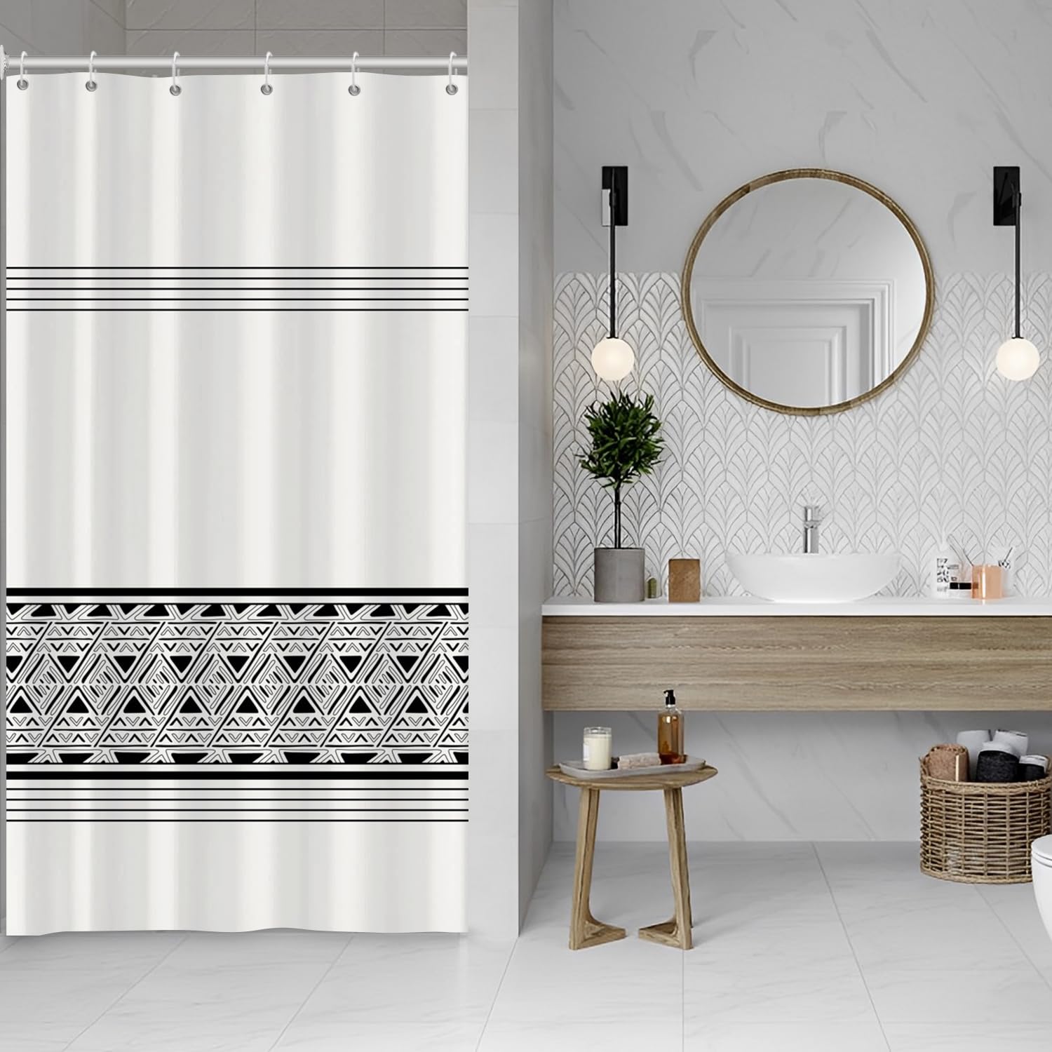 ASDCXZ Stripe Shower Curtain 90x180 cm, Modern Boho Style Rule Black White Geometry Bath Washable Narrow Shower Curtains Polyester Textile Waterproof Shower Curtain for Bathtub with 6 Hook