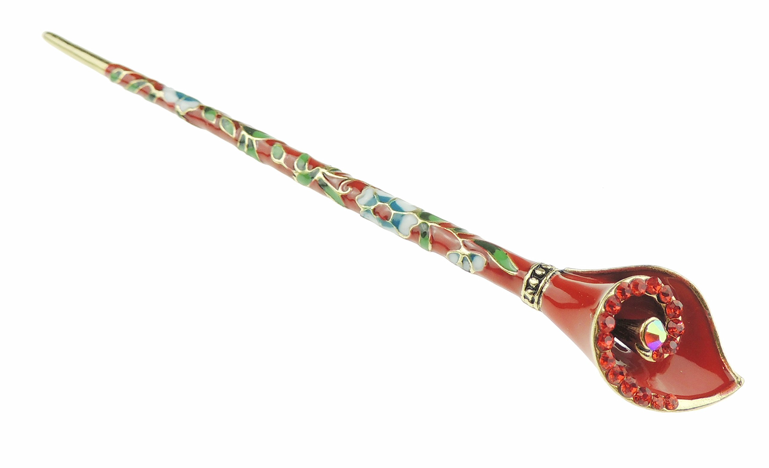 Painted Enamel Crystal Trim Floral Hair Stick Pin Calla Lily (Red)