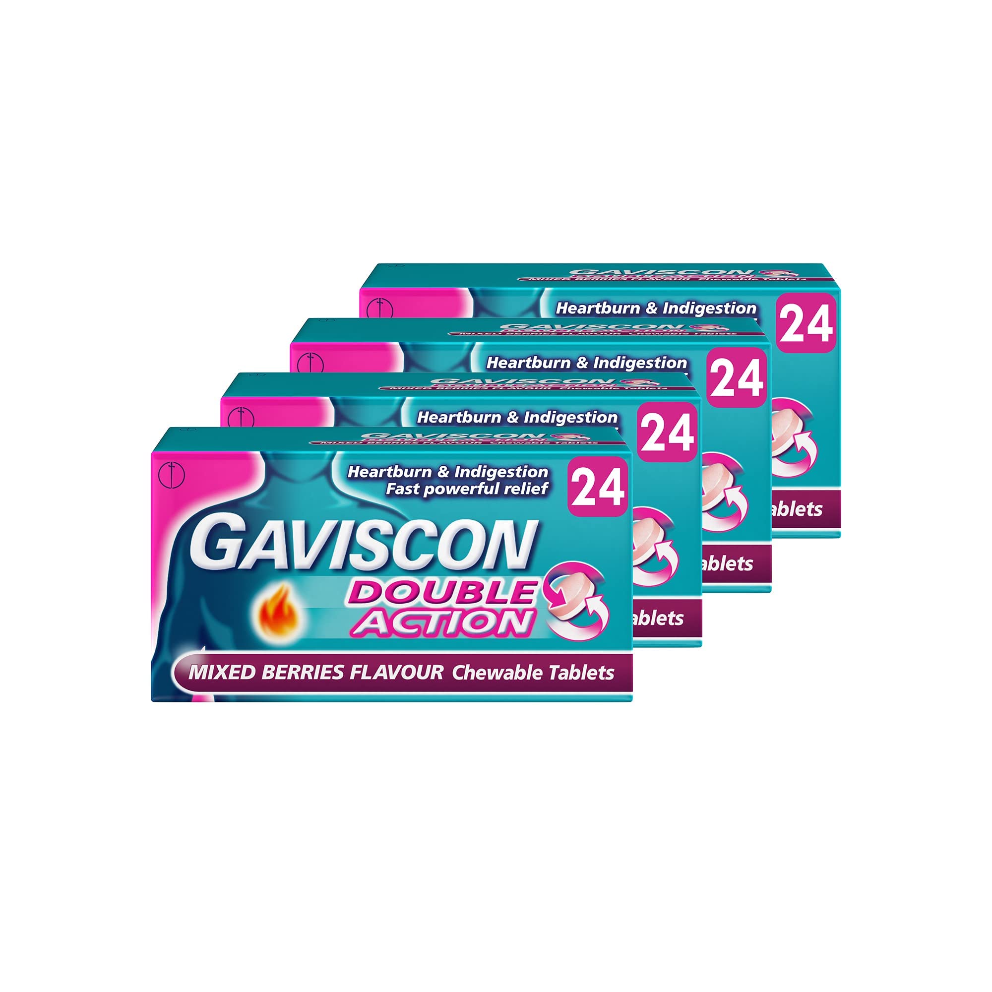 Gaviscon Double Action chewable tablets, Mixed Berries, 4-Pack - Fast Heartburn & Indigestion Relief, Convenient Sachets, Antacids for Effective Digestion, Acid Reflux Relief, Pregnancy Safe