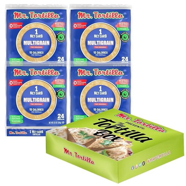 MR. TORTILLA LOW CARB TORTILLA WRAPS – KETO TORTILLAS WITH AVOCADO OIL – STREET TACO SIZE – 1 NET CARB PER SERVING – LOW CALORIE KETO WRAPS – LOW CARB TORTILLAS – (MULTIGRAIN, 96 COUNT)