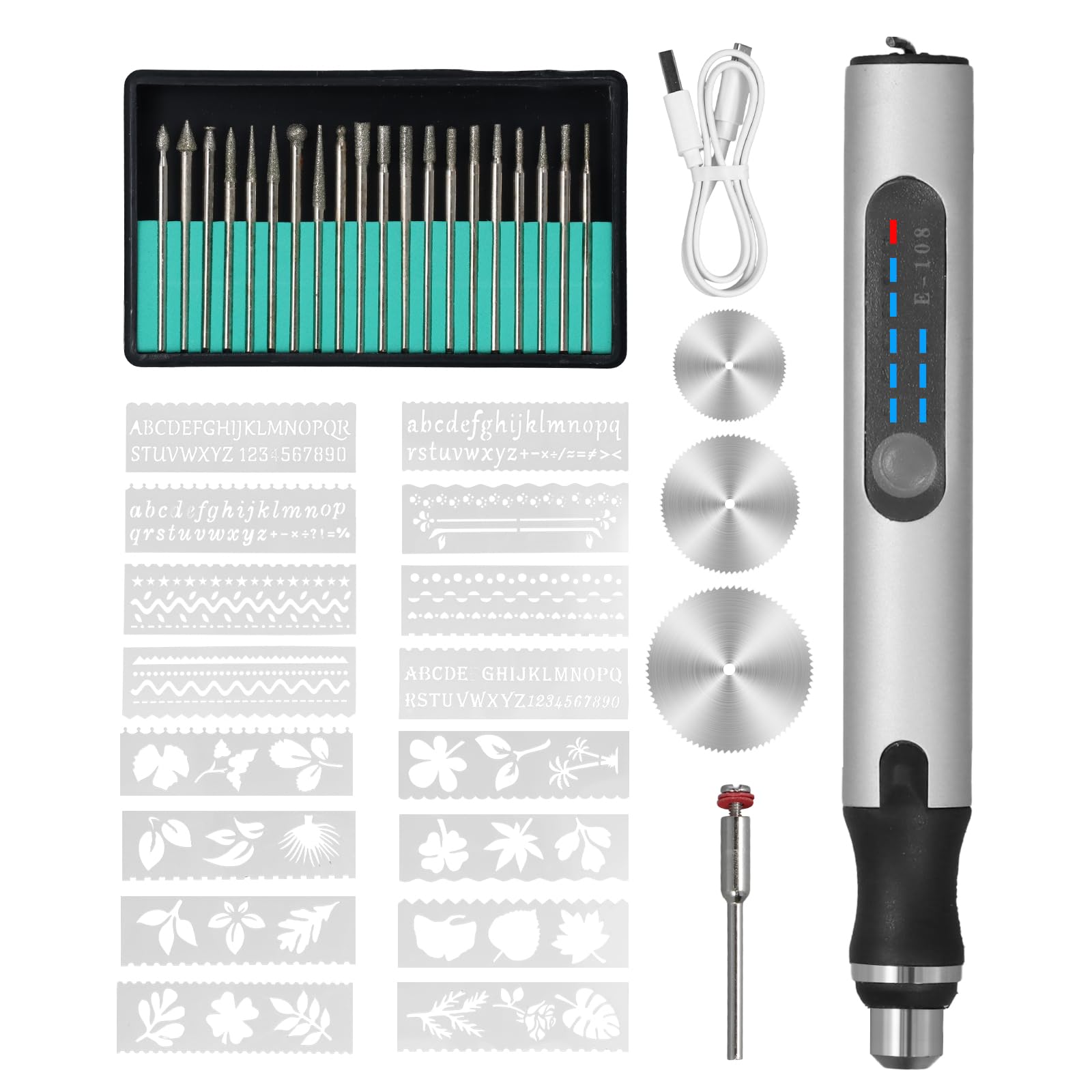 Focenat 40PCS Electric Engraving Tool Kit, Mini Engraving Pen, USB Rechargeable Mini Engraver with 20 Drills and Templates, Etching Pen, Electric Carving Tools for Glass Wood Metal Stone Nails Jewelry