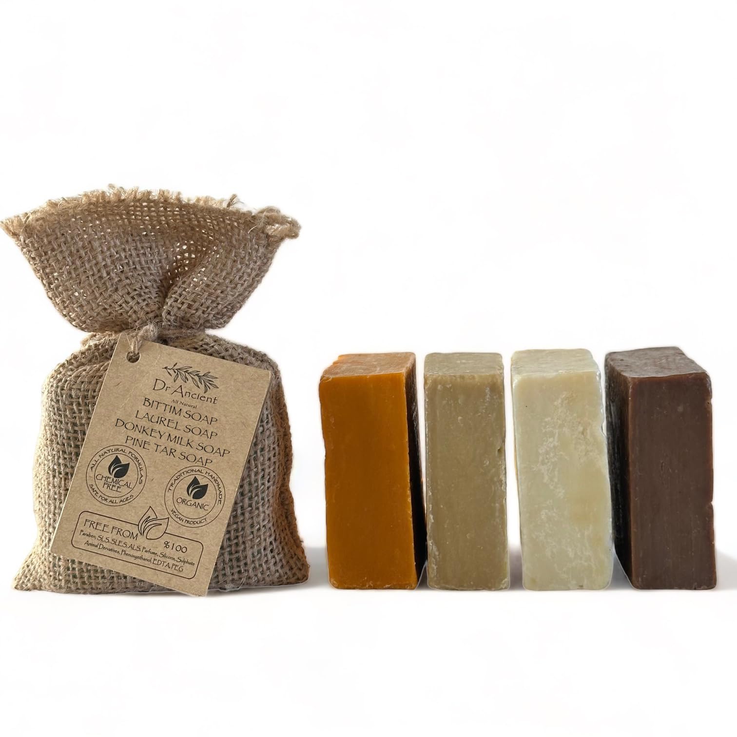 Dr.Ancient Donkey Milk, Pine Tar, Aleppo & Bittim Soap Bar Set (4-Pack) – Organic Handmade Natural Soap Bars, Chemical-Free Gentle Cleanser for Face & Body
