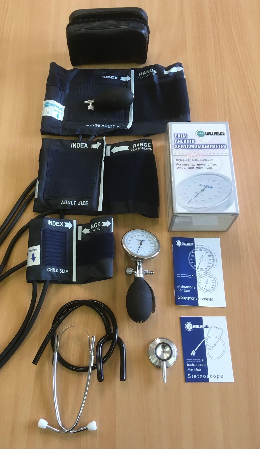 Lyall Willis Aneroid Sphygmomanometer – Manual Palm model Blood Pressure Monitor / Meter + 3 Cuffs - Child, Adult & Large Adult + Dual head Stethoscope
