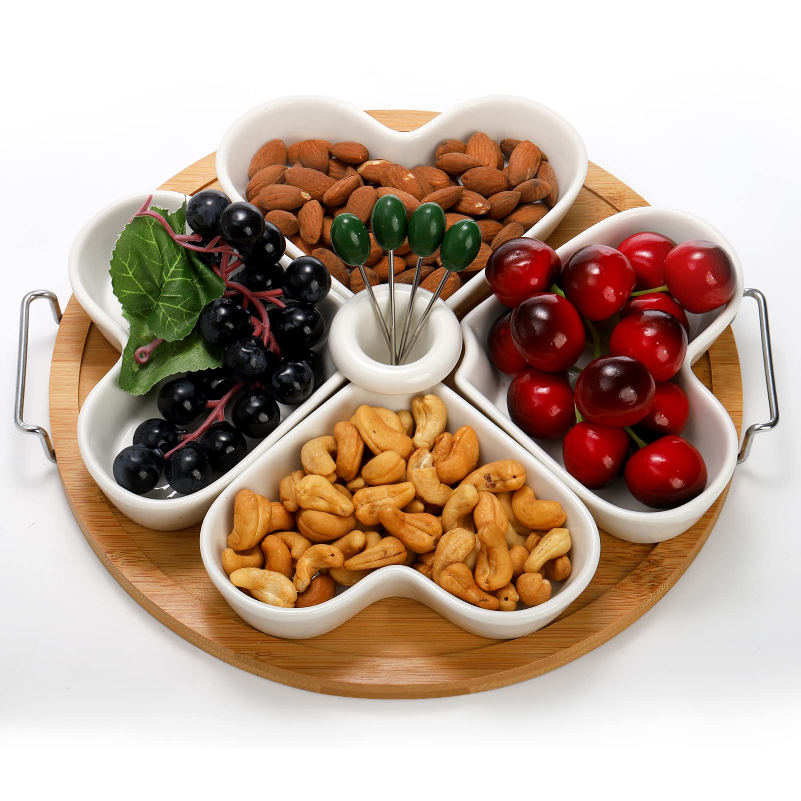 Photo 1 of ZEAYEA 11 Inch Appetizer Serving Tray with Holder, Ceramic Divided Serving Platter with Food Picks for Christmas, Relish Tray for Chips and Dip, Veggies, Candy and Snacks, Parties, White