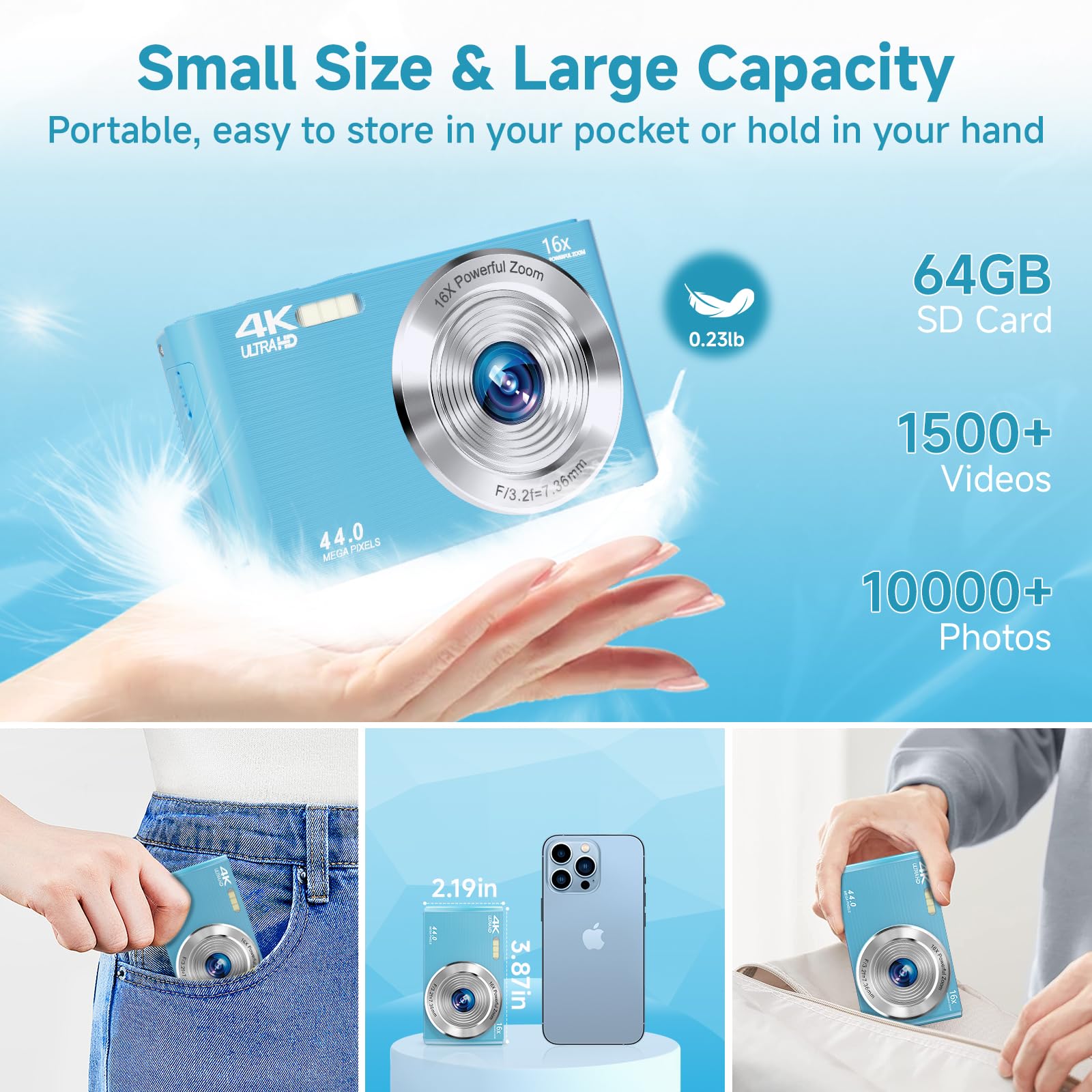 Digital Camera for Teens, FHD 4K 44MP with 64GB SD Card, 16X Digital Zoom, Compact Point Shoot Camera Blue