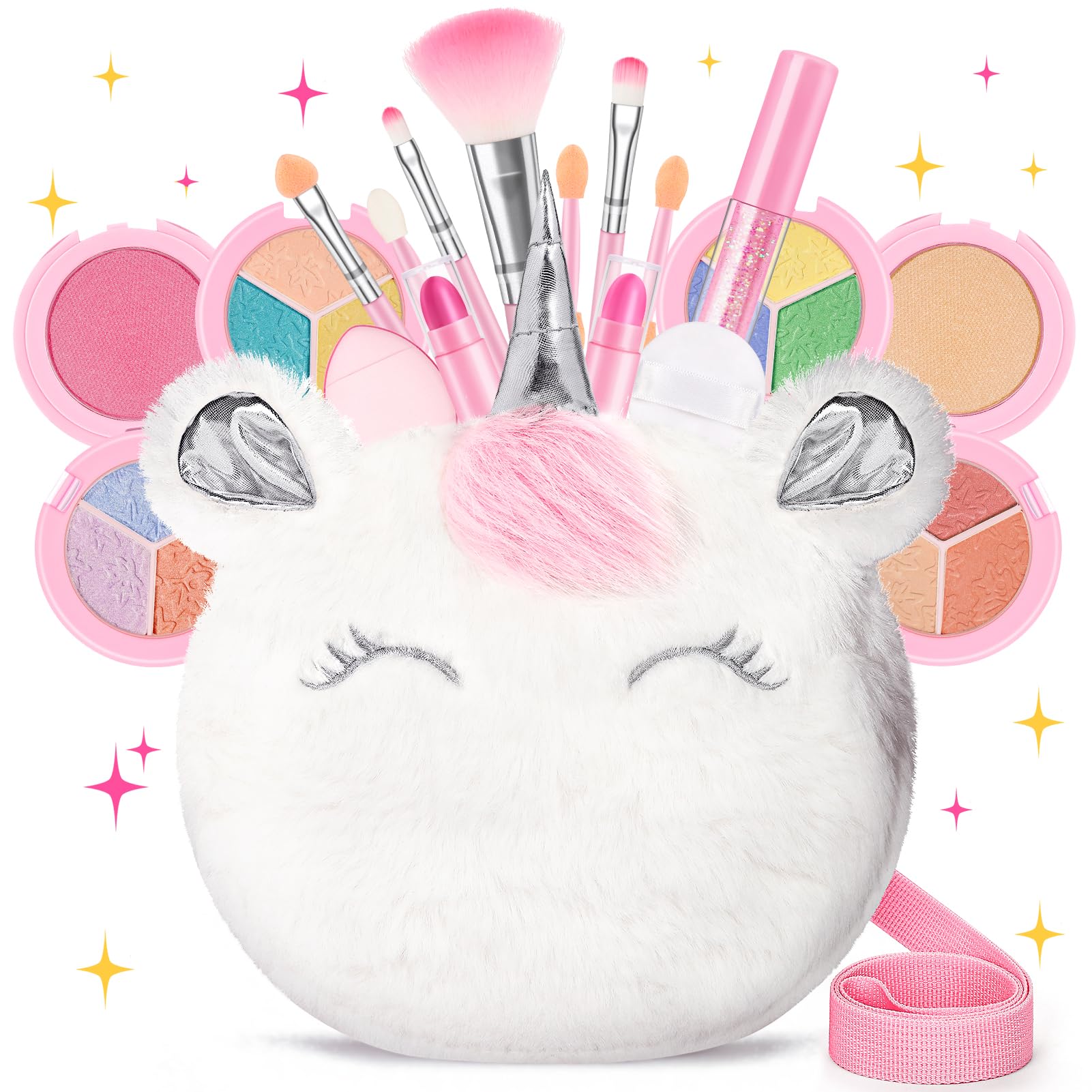 Kids Real Makeup Kit for Girls 3-10 Years Old : Washable Non Toxic Make Up Toys Easter Basket Stuffers for Toddler - 17Pcs Vanity Sets with Unicorn Purse for kid Ages 3 4 5 6 7 8 Birthday Gift - White