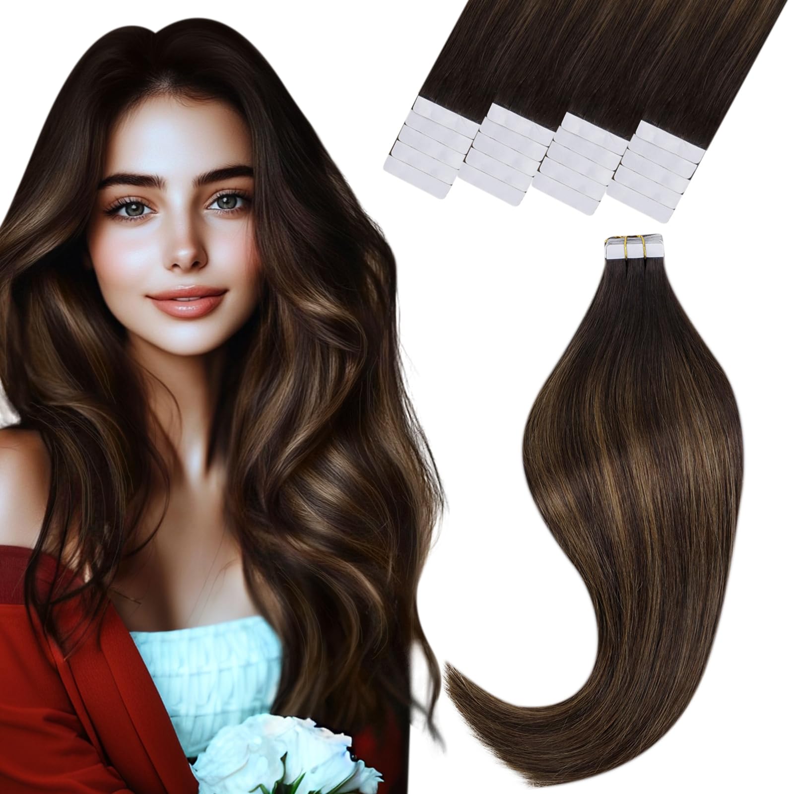 Vivien Brown Tape in Hair Extensions - Human Hair Balayage Dark to Medium Brown Mix - Invisible Tape in Extensions - Real Human Hair - 50g, 20pcs, 24in #2/8/2