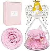 Miofula Angel Rose Birthday Gifts for Women, Glass Angel Figurines Preserved Flowers Rose Gifts for Mom Grandma Girlfriend, Unique Angel Gifts for Her on Valentines Day Christmas Anniversary, Pink