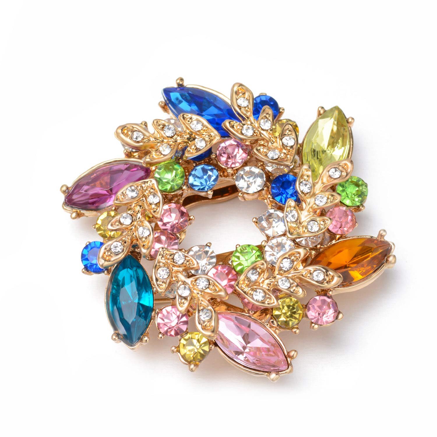 Wonvin Collection Flower Crystal Brooch Pins Buckle for Sweater Scarf Coat 18K Gold Plated Vintage Christmas Brooches for Women (Colorful)