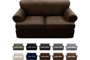 Pfrstuv 3-Pieces T Cushion Loveseat Slipcovers Leather Look Couch Cover Loveseat Covers for 2 Cushion Couch Furniture Protector Stretch Sofa Cover with 2 Individual T Cushion Seat Covers, Coffee