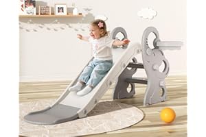 Babytronic Toddler Slide, Kids Indoor Outdoor Playset with Basketball Hoop & Ring Toss, Foldable Baby Plastic Slide, Outdoor Playground Climber Slide (Gray&White)