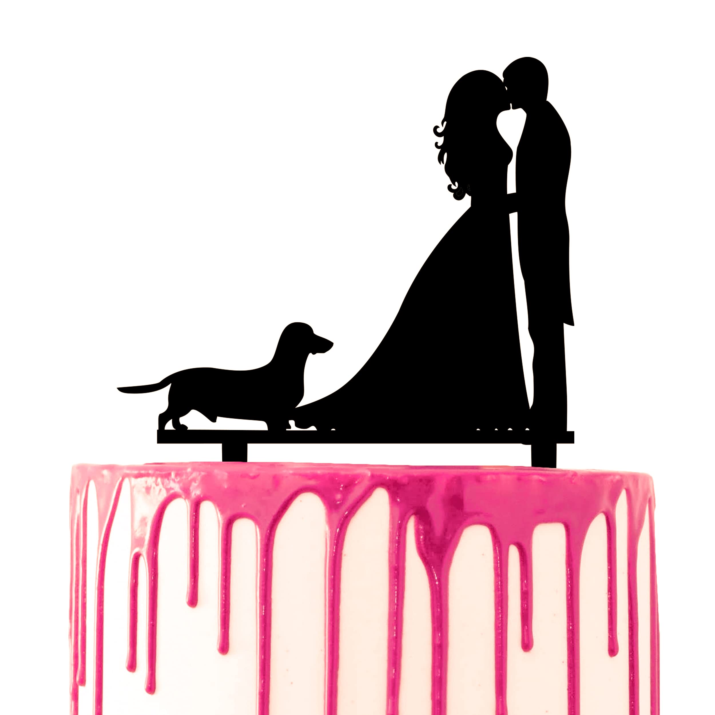 CARISPIBET Wedding Cake Topper Groom and Bride Pet dog Dachshund Marriage Cake Decorative Acrylic Silhouette Couple Kiss