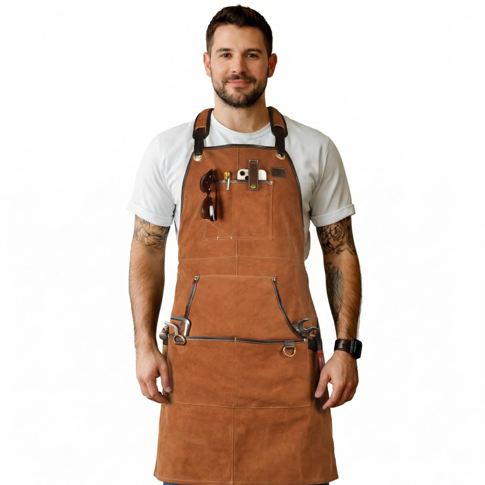 LEATHER VILLAGE Work Apron -Brown- Heavy Duty Wood Working Apron for Men with Tool Pockets for Woodworkers Blacksmiths Carpenters M-XXL