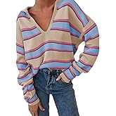 EVALESS Sweaters for Women Long Sleeve V Neck Striped Knit Drop Shoulder Fall Jumper 2025 Henley Pullover