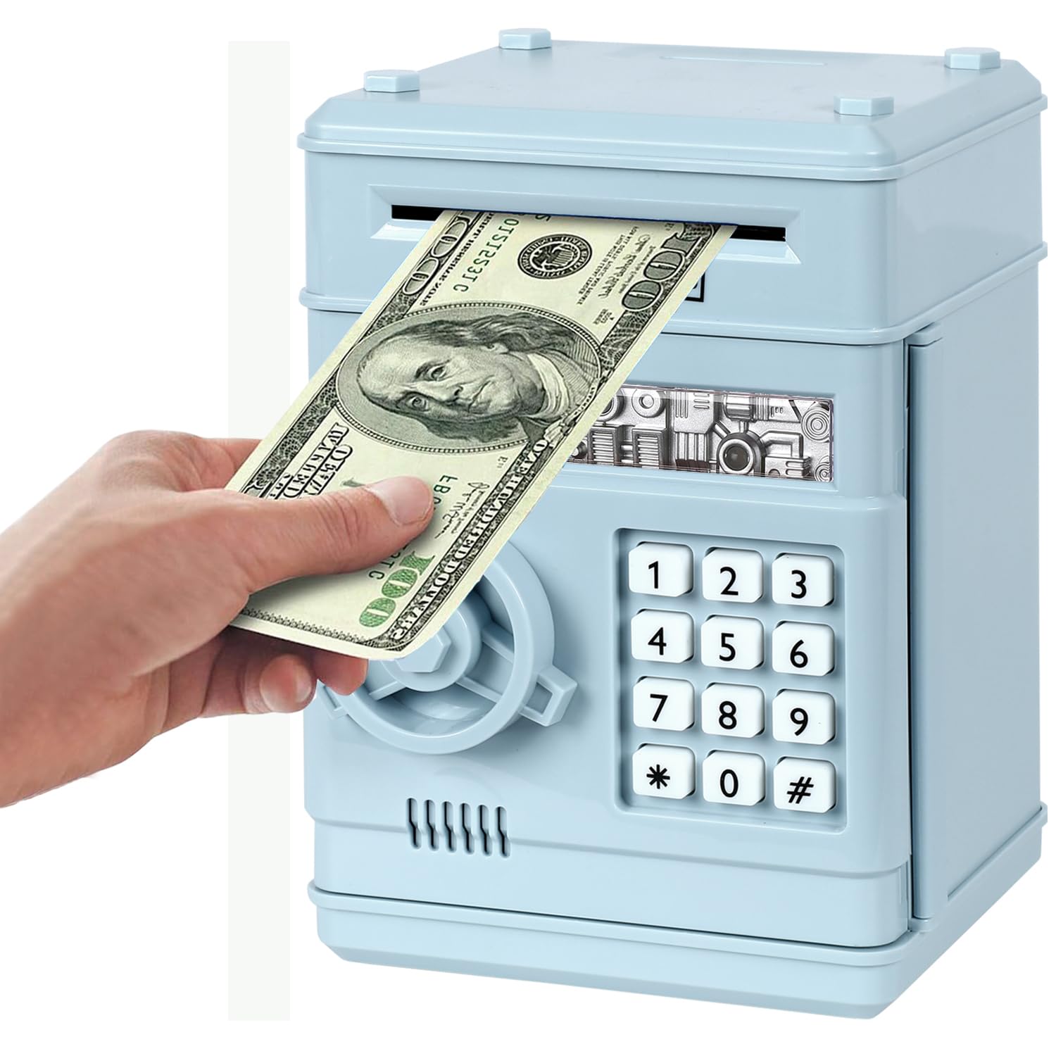 Revanom Electronic Piggy Bank, Mini ATM Password Money Bank Cash Coins Saving Box for Kids, Cartoon Safe Bank Box Perfect Toy Gifts for Boys Girls (Light Blue) — image 1