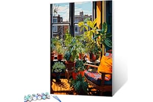 AIHONMIN Window Sill Landscape Paint by Numbers Kits for Adults DIY Canvas Oil Painting Acrylic Pigment Kits Green Leaf Potted Plant Paint by Number Home Wall Art Decor Gift Artwork 16x20In (Frameless)
