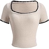 winkbay Women's Elegant Square Neck Short Sleeve T Shirts Summer Waffle Knit Dressy Casual Work Tops