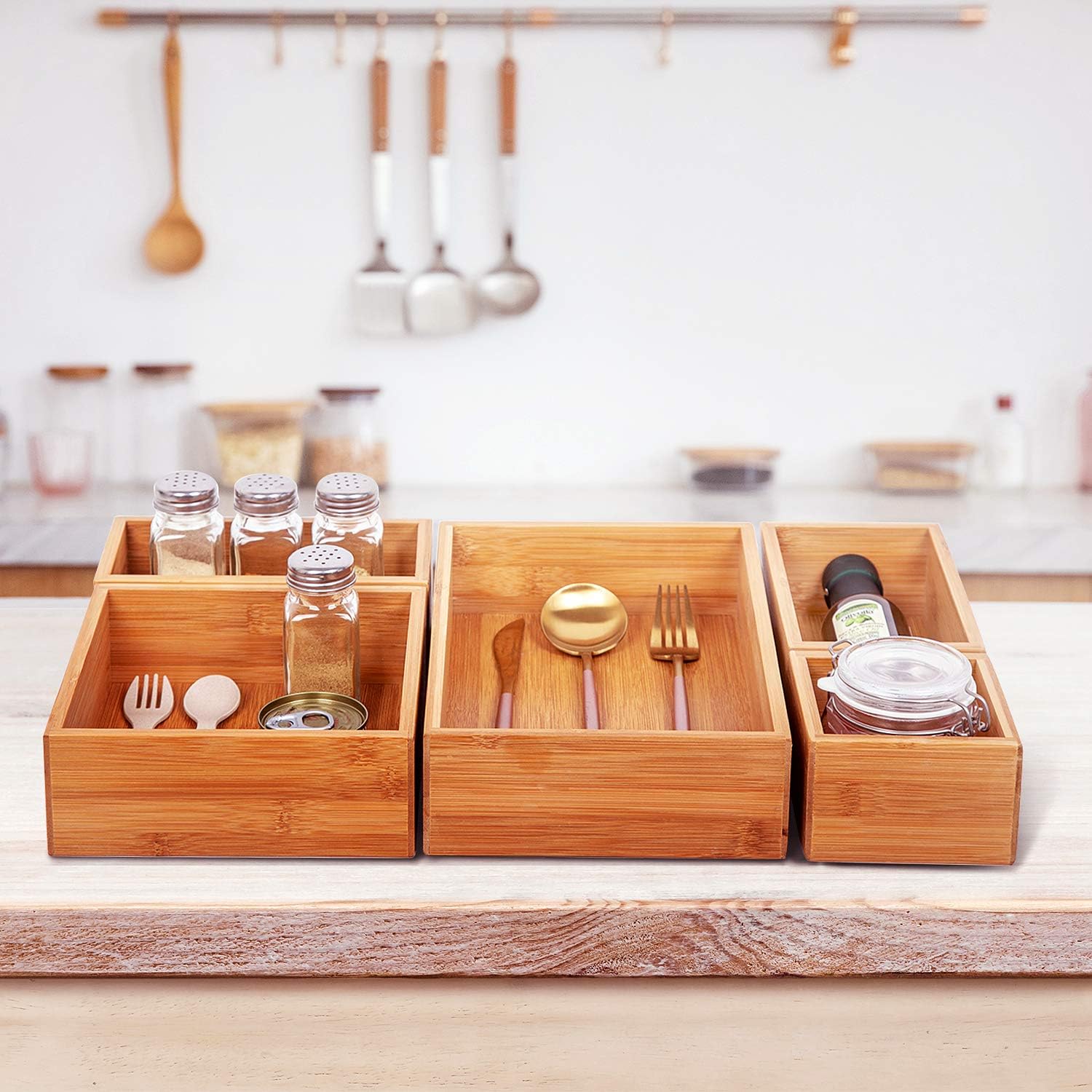 5 Piece Bamboo Drawer Organizer Set, Luxury Wooden Desk Storage Box Kit, Multi-use Junk Drawer Organizer for Office, Kitchen, Bedroom, Children Room, Craft, Sewing : Office Products