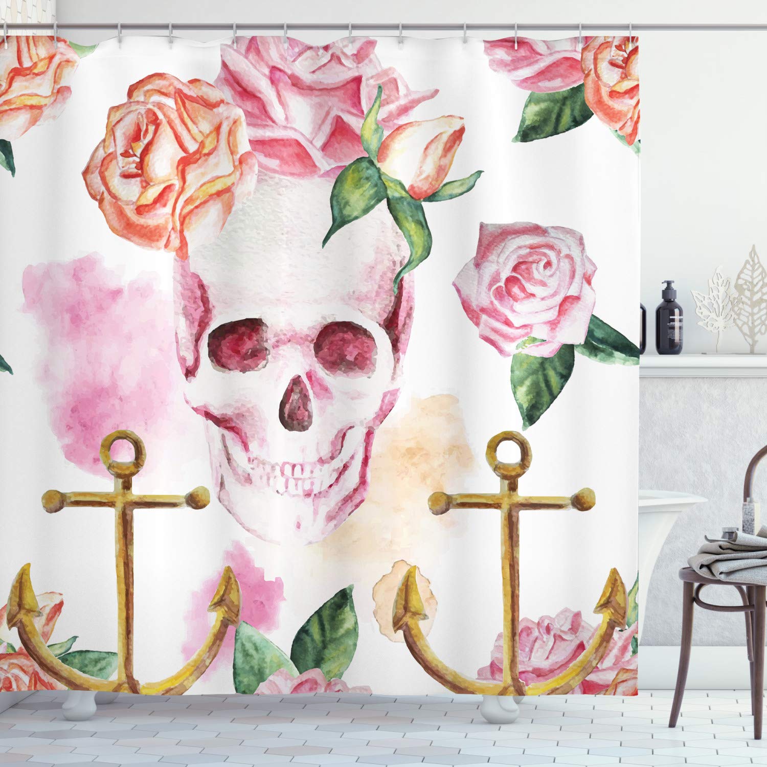 ABAKUHAUS Skull Shower Curtain, Nautical Anchor with Victorian Roses Peonies Vintage Art Design Print, Cloth Fabric Bathroom Decor Set with Hooks, 70 Inches, White Green Pink