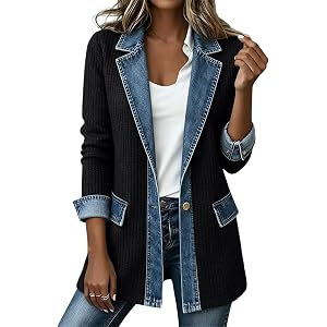 Jean Jacket for Women Trendy Ribbed Blazer Denim Patchwork Work Casual | Stylish design, innovative Lightweight Knit and deni