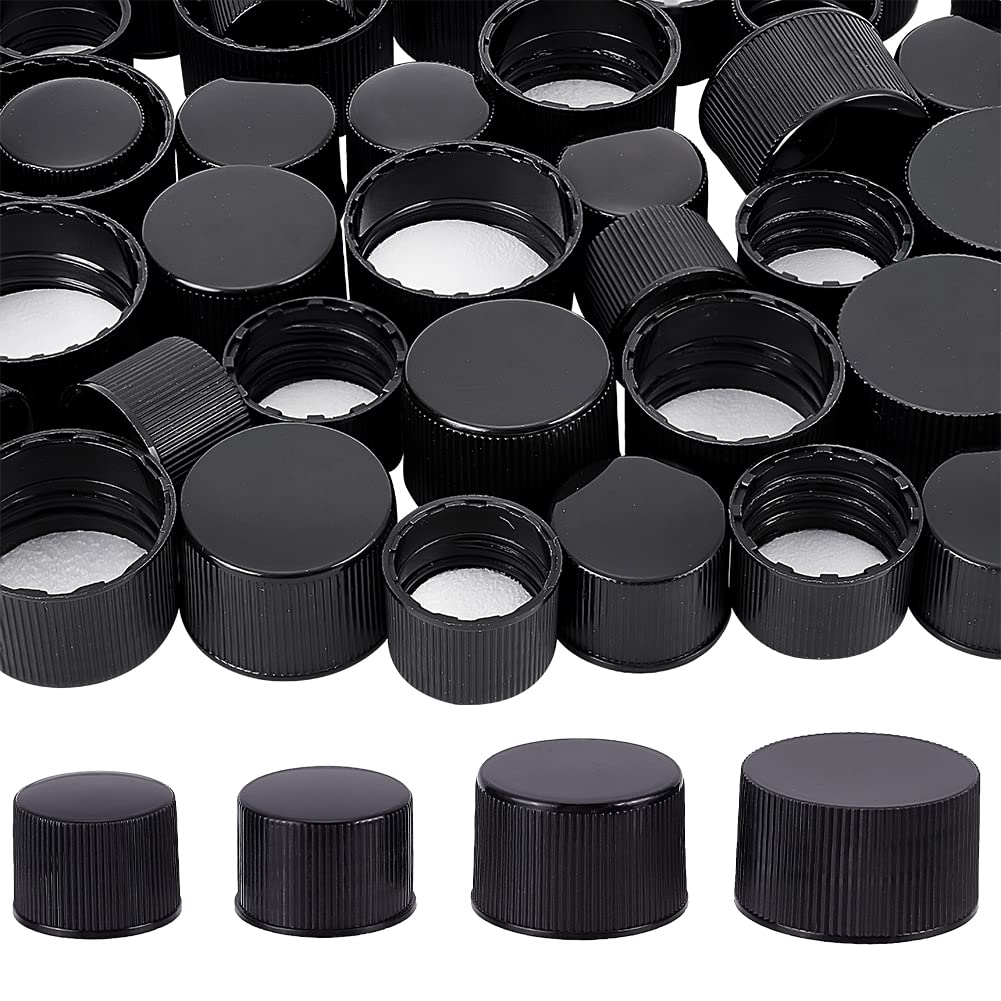 BENECREAT 56Pcs Black Plastic Screw Caps with Foam Liner, 4 Style 18mm/24mm/28mm Flat Round Bottle Jug Storage Cap Lids for Jars and Bottles with Threads