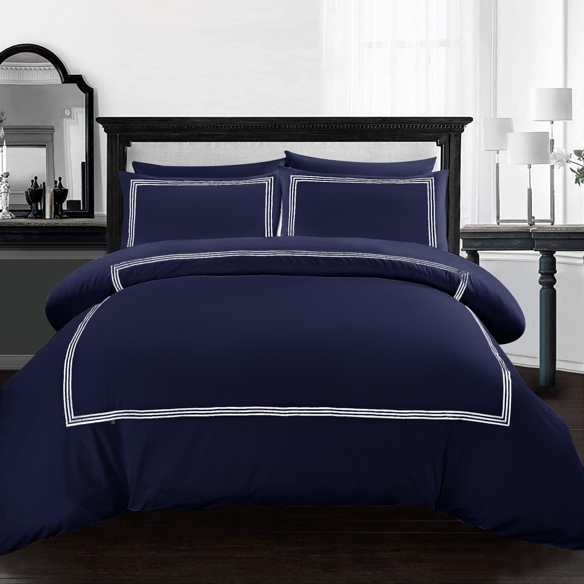 AR Ware Navy Blue King Duvet Cover Set – 3 Piece Luxury Bratta Stitch Embroidered Duvet Cover with Pillowcases – Breathable Microfiber Quilt Cover