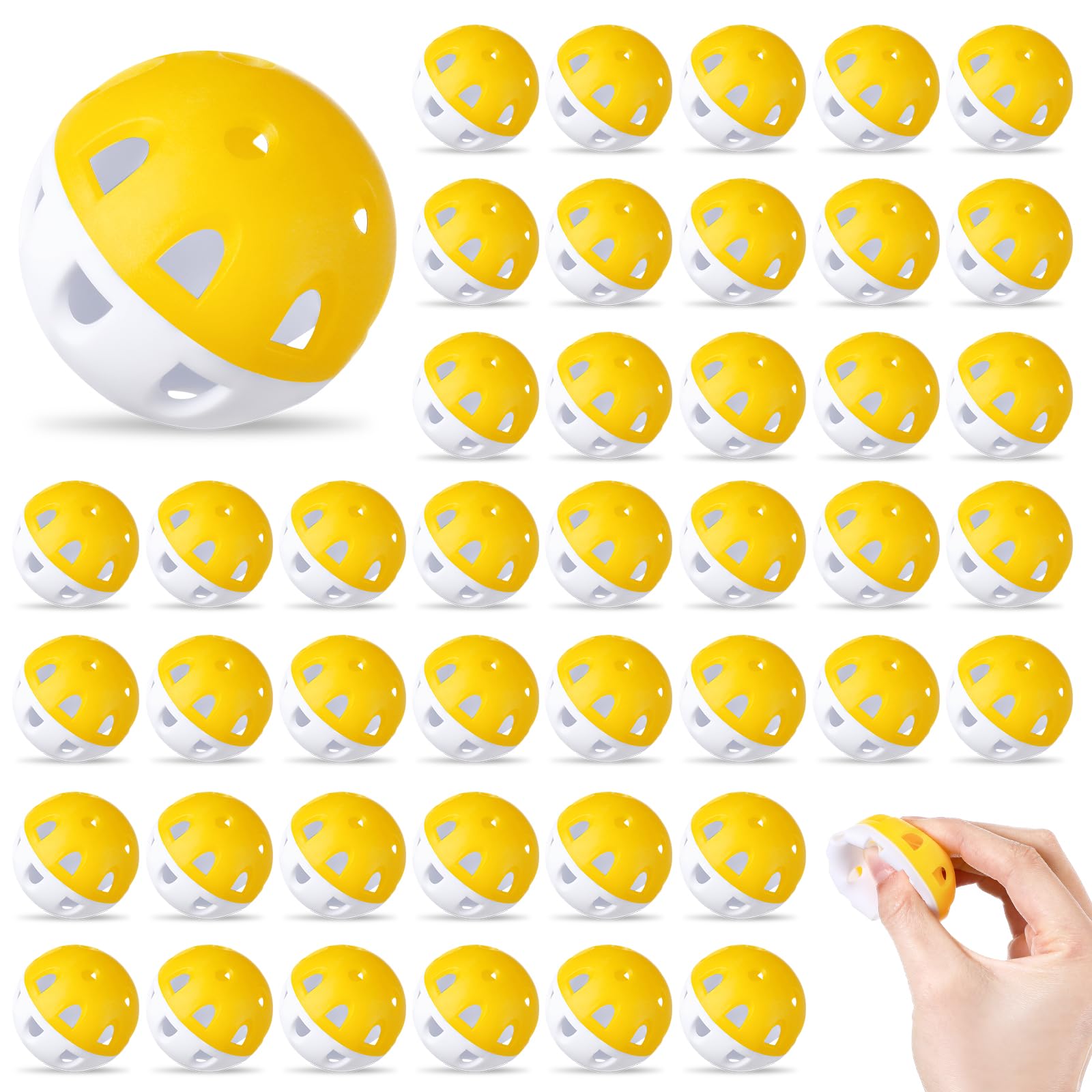 Photo 1 of Junkin 50 Pack Practice Golf Balls Limited Flight Plastic Impact Golf Balls 1.65 Inch Hollow Soft Training Resistant EVA Foam Realistic Feel for Indoor Outdoor Swing Training(Yellow)
