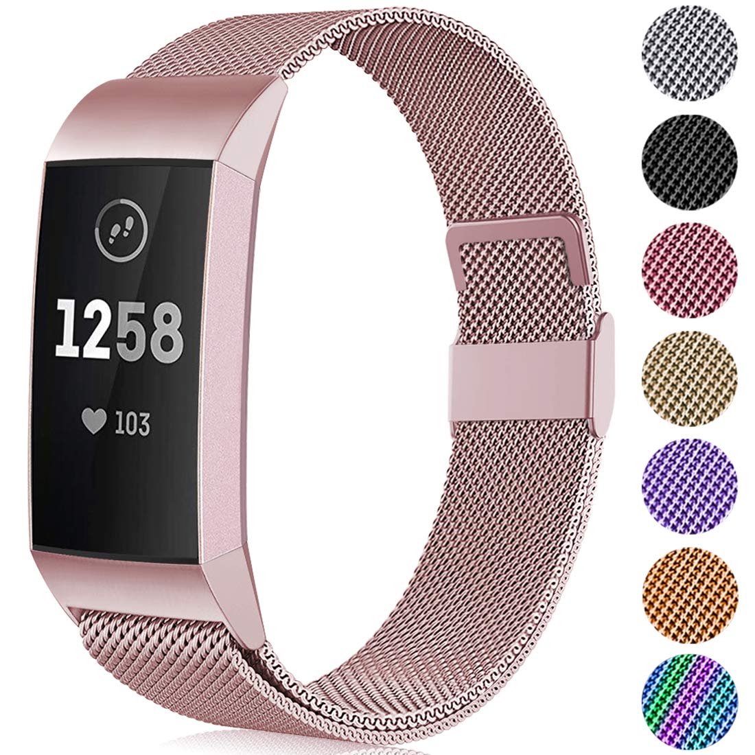 Faliogo Metal Replacement Strap Compatible With Fitbit Charge 3/4, Adjustable Stainless Steel Wrist Band for Women Men, Large Rose Gold