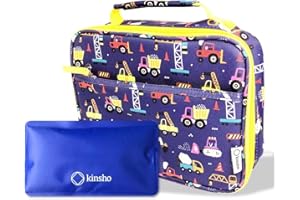 KINSHO Truck Lunch Box with Ice Pack for Boys, Insulated Bag for Toddlers Kids Baby Boy Daycare Pre-School Kindergarten, Container Boxes for Small Kid Snacks Lunches, BPA Free, Blue Construction Trucks