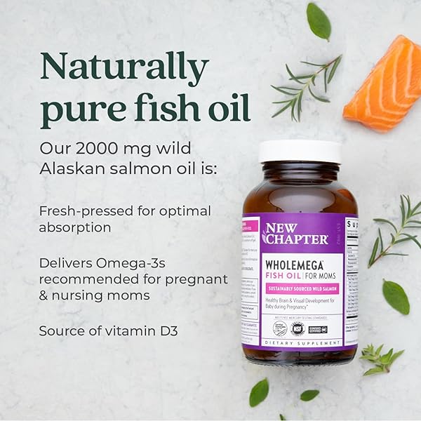 NEW CHAPTER WHOLEMEGA FOR MOMS FISH OIL SUPPLEMENT, TINY CAPSULES, 2000MG PER SERVING, PRENATAL DHA WITH OMEGA-3 + VITAMIN D3 FOR PRENATAL & POSTNATAL SUPPORT, 500MG EACH – 180 COUNT